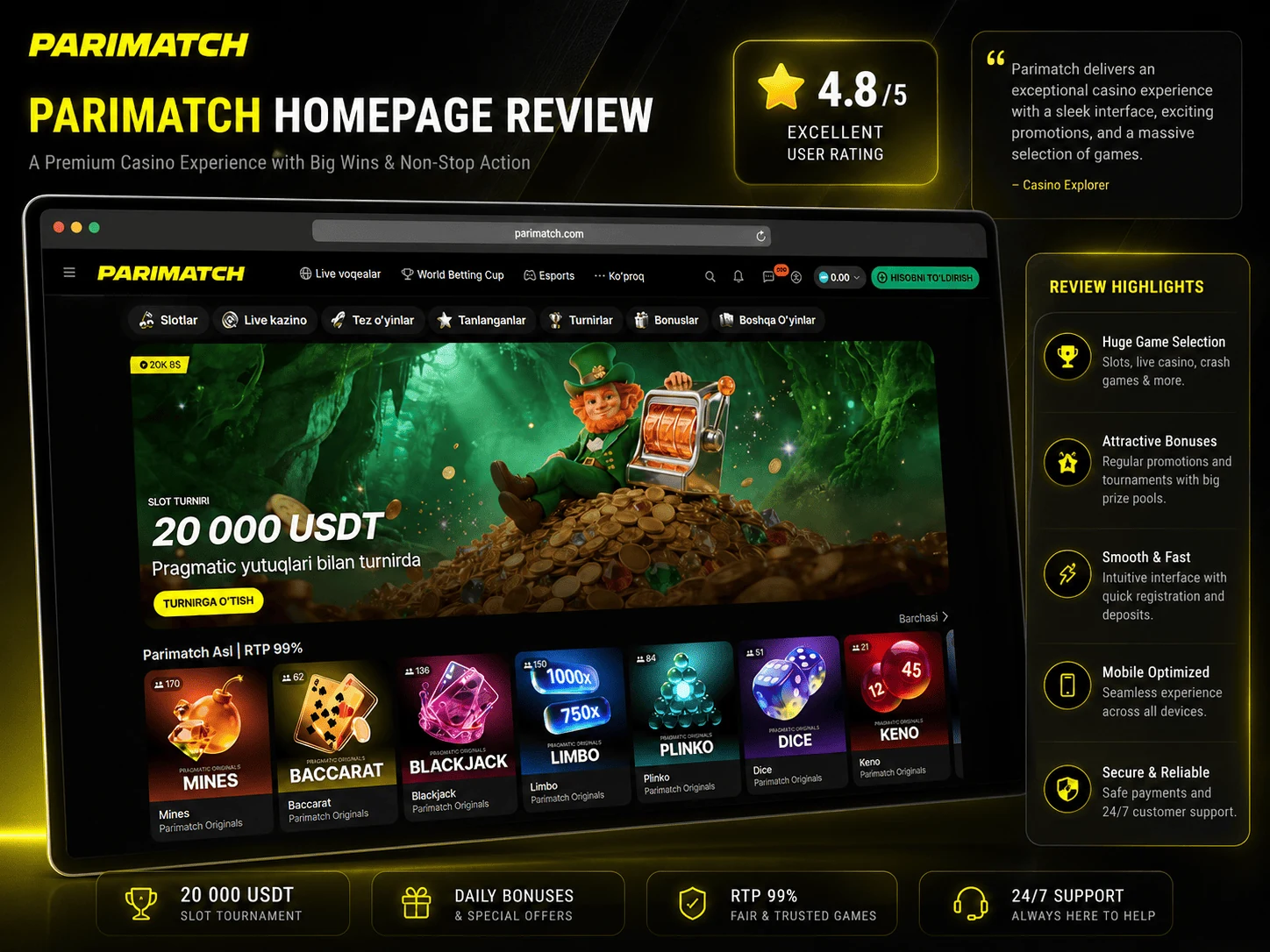 Parimatch Uzbekistan homepage review review image in English
