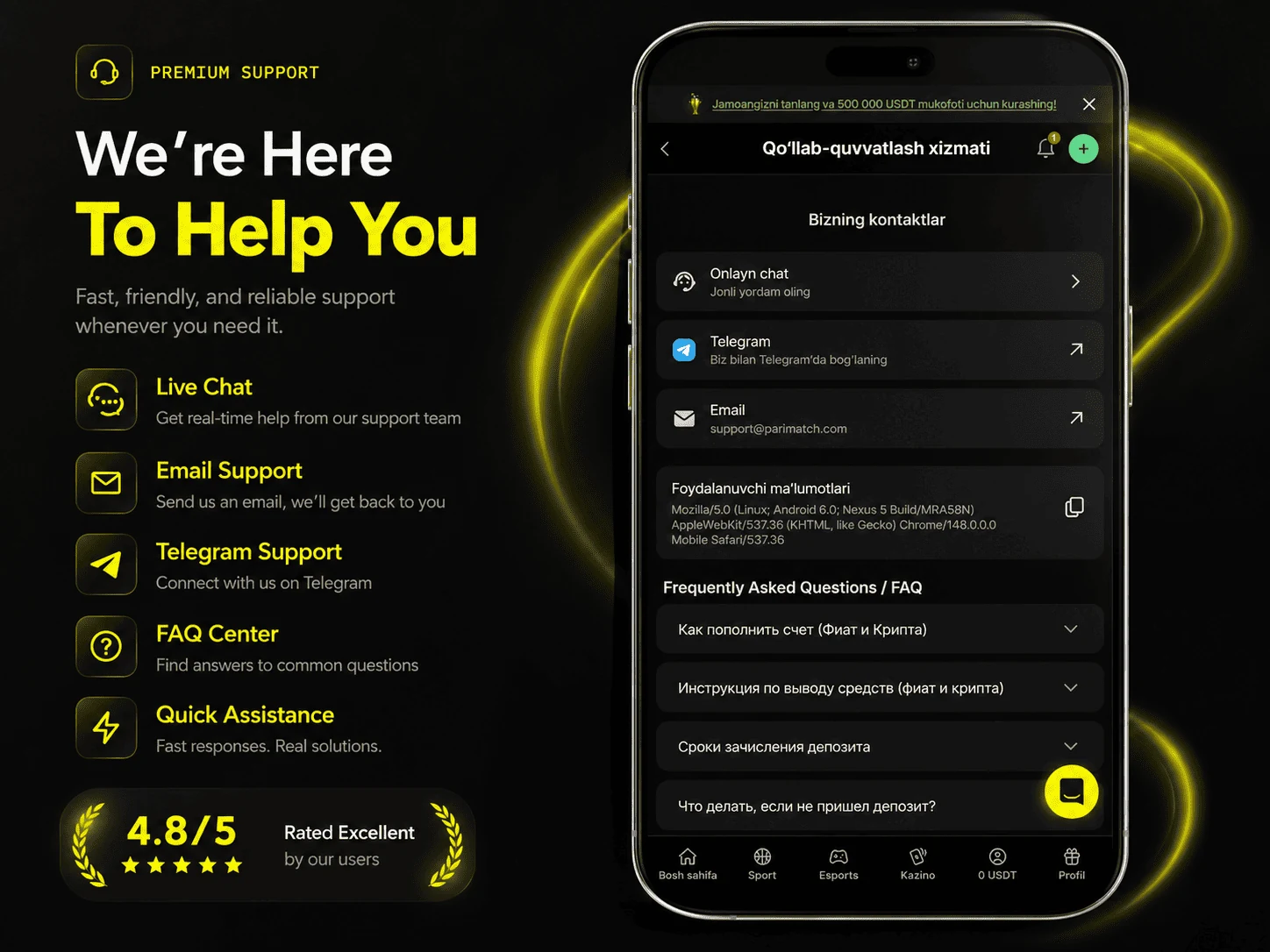 Parimatch Uzbekistan support center review image in English
