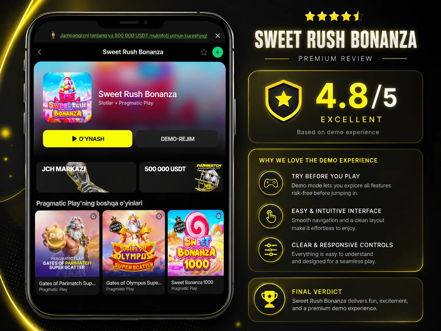 Parimatch Uzbekistan sweet rush bonanza review image in English