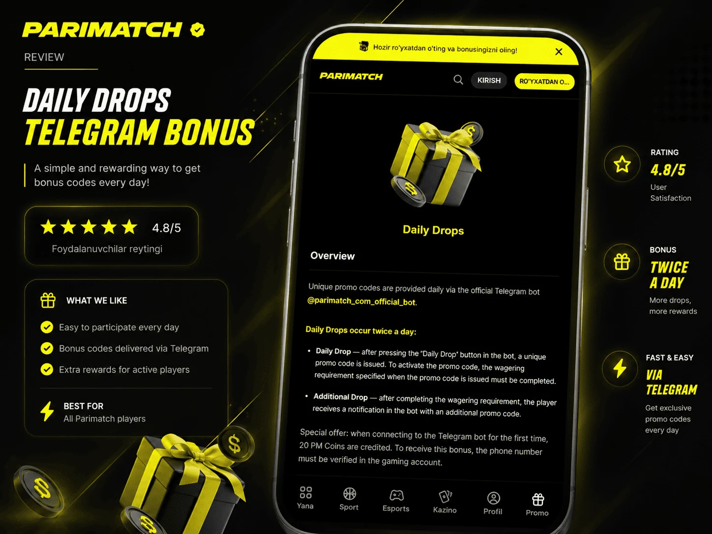Parimatch Uzbekistan telegram bonus review image in English