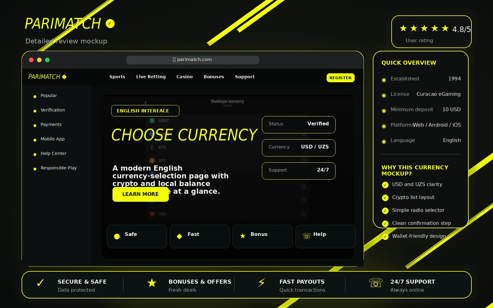 Parimatch Uzbekistan currency choice review image in English