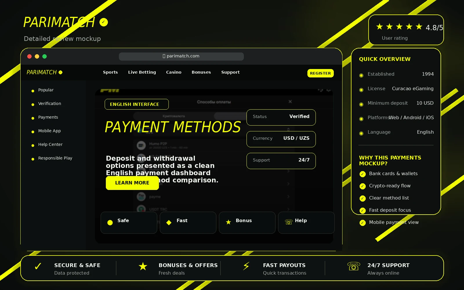 Parimatch Uzbekistan deposit methods review image in English
