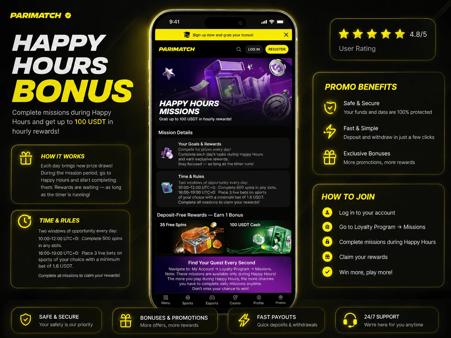 Parimatch Uzbekistan happy hours bonus review image in English