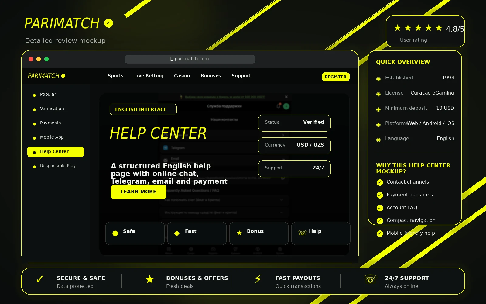 Parimatch Uzbekistan help center review image in English