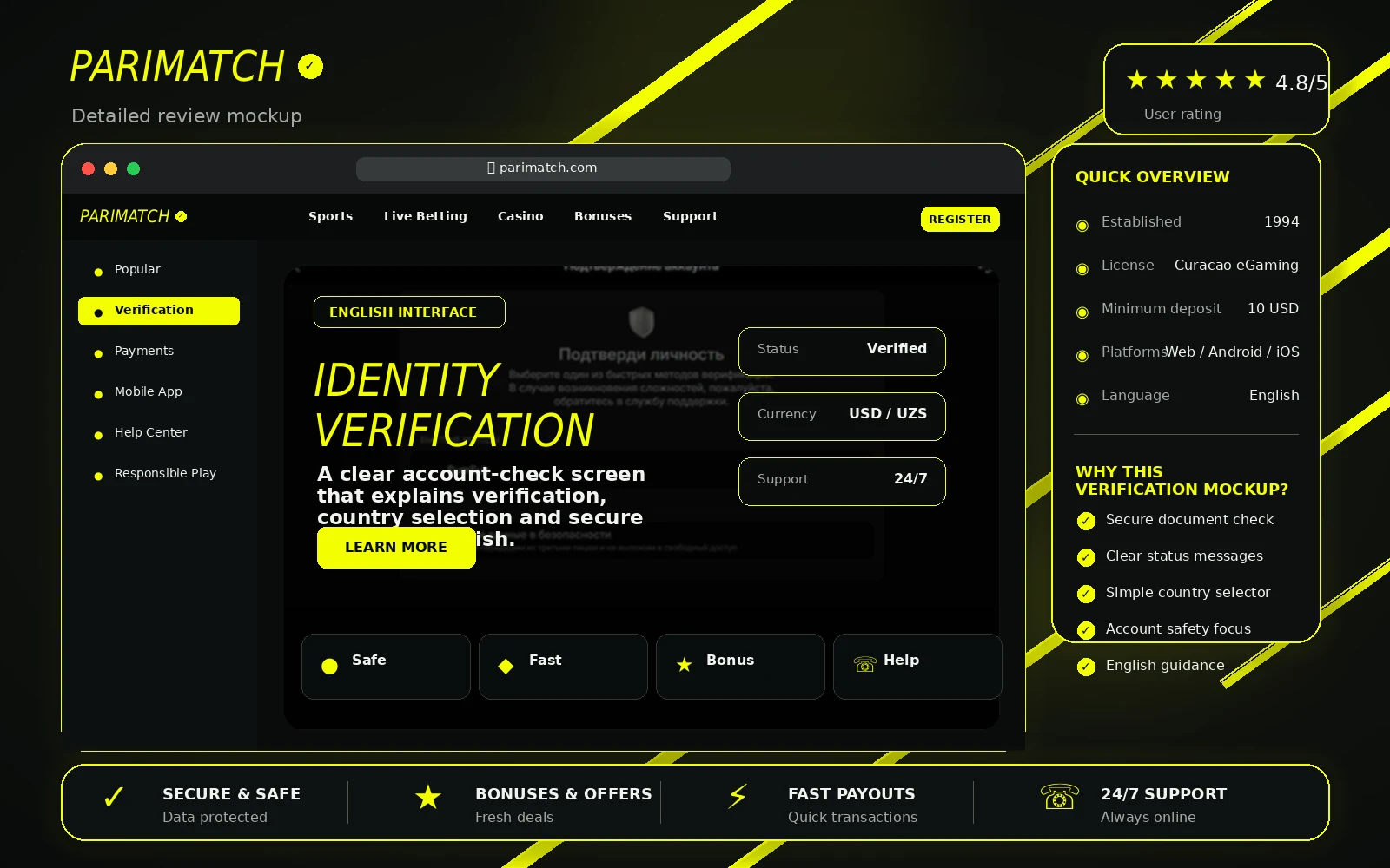 Parimatch Uzbekistan identity verification review image in English