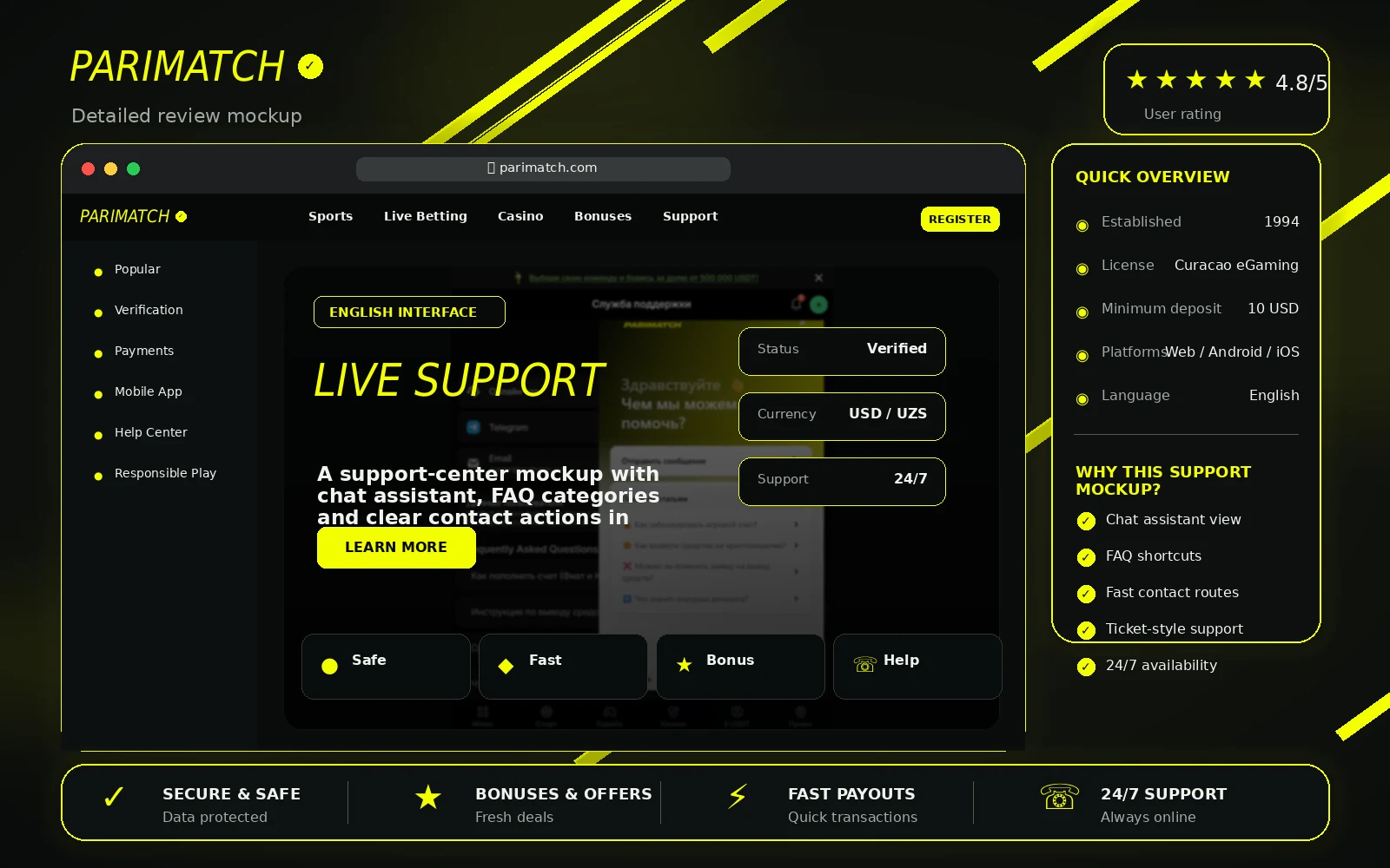 Parimatch Uzbekistan live support review image in English