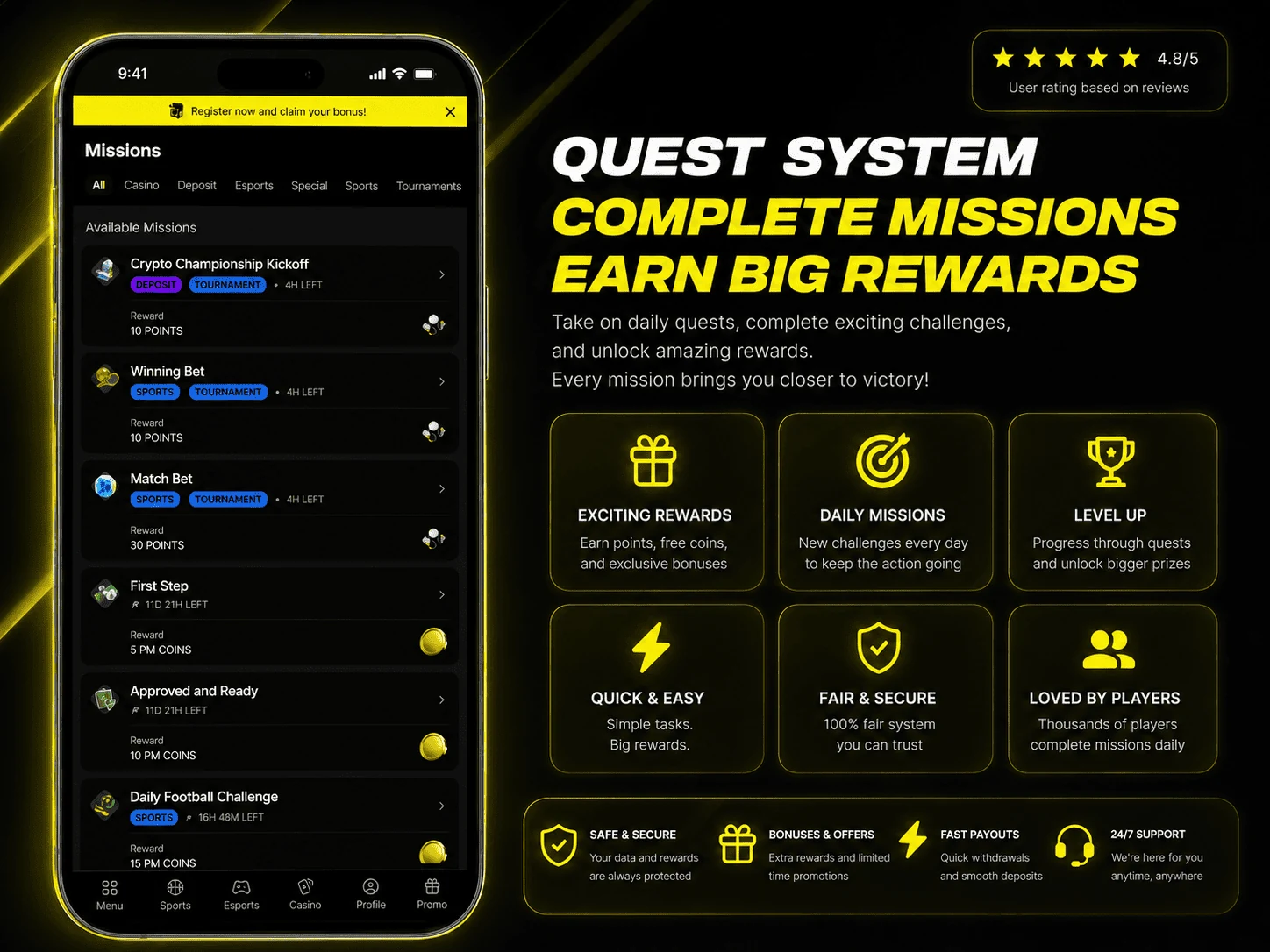 Parimatch Uzbekistan quest system review image in English