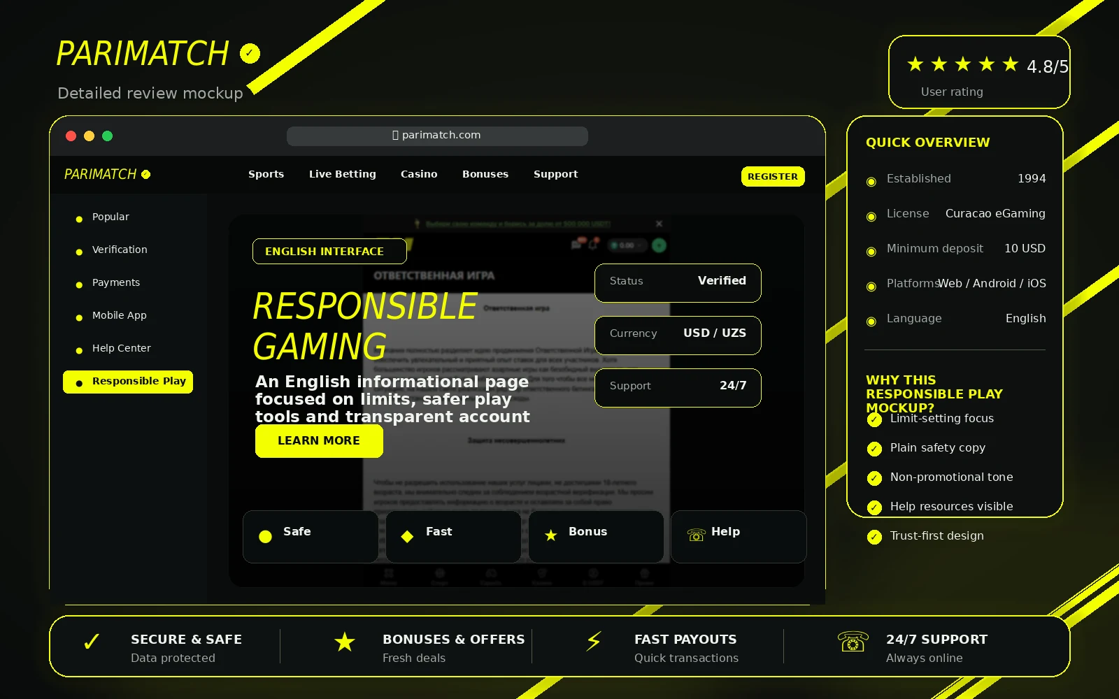Parimatch Uzbekistan responsible gambling review image in English