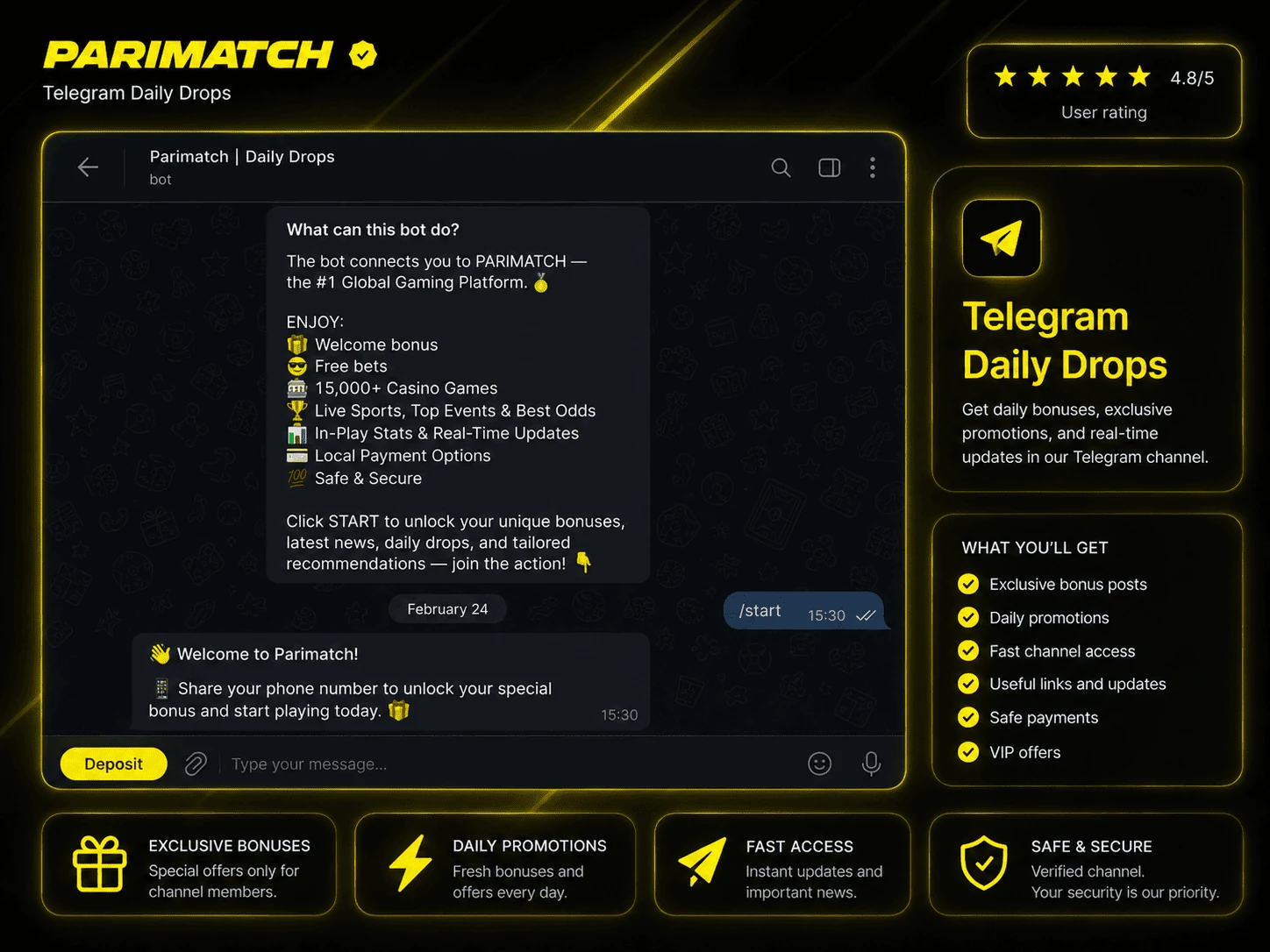 Parimatch Uzbekistan telegram daily drops review image in English