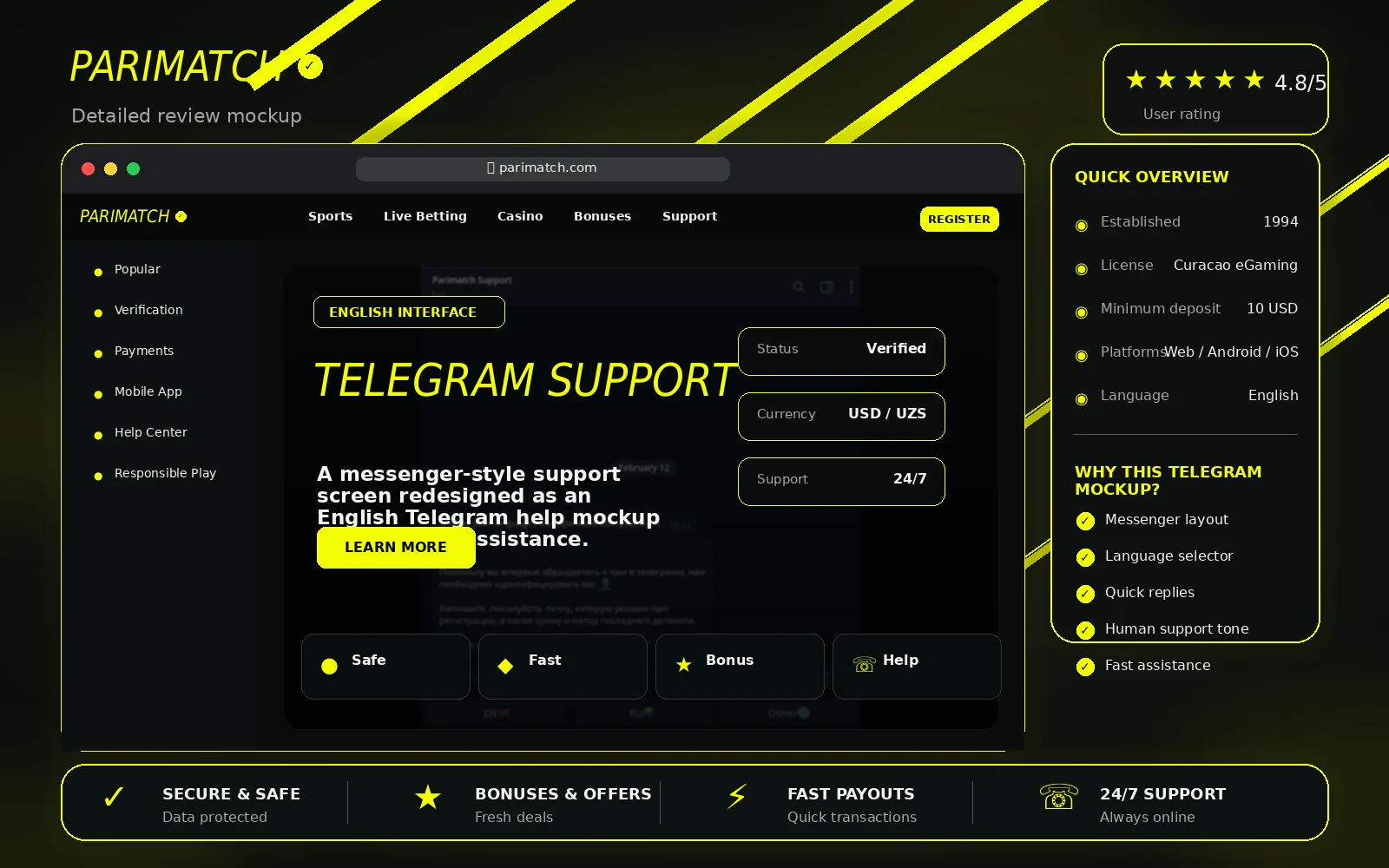 Parimatch Uzbekistan telegram support review image in English